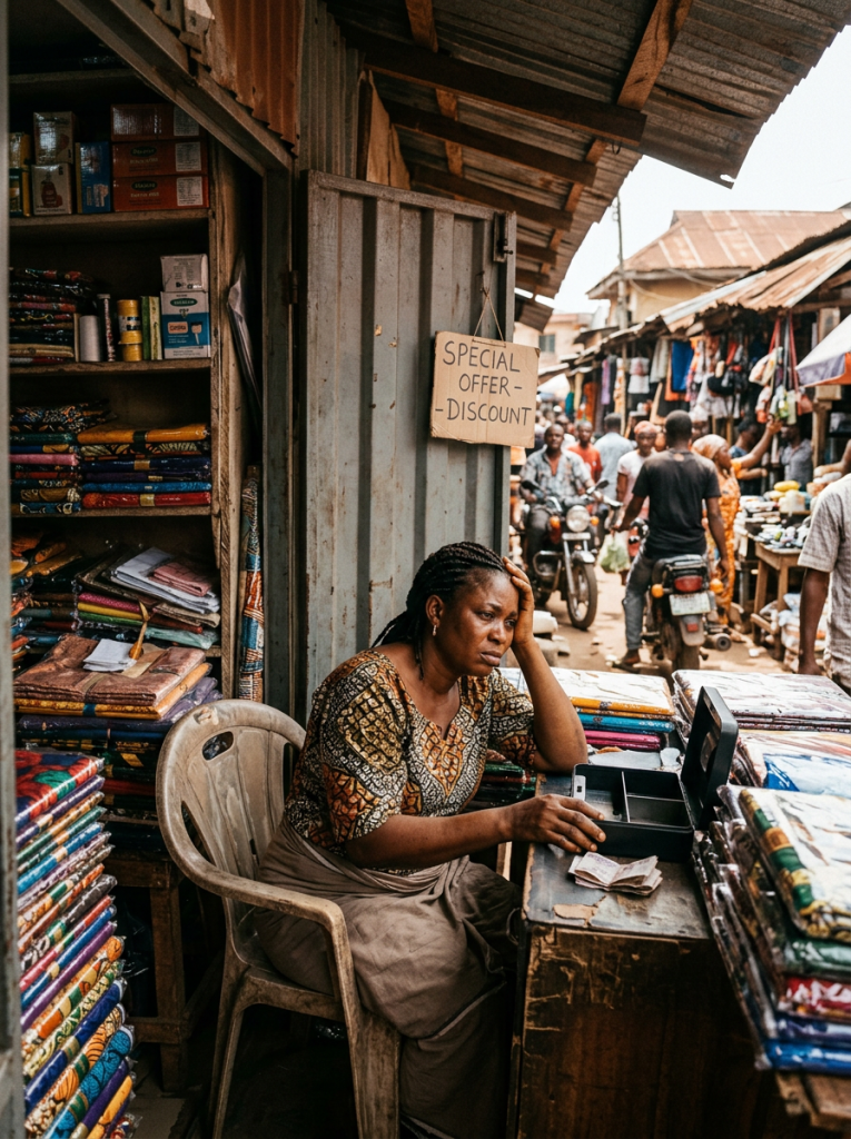 A vendor seated beside colorful fabrics in a busy market, still waiting for customers