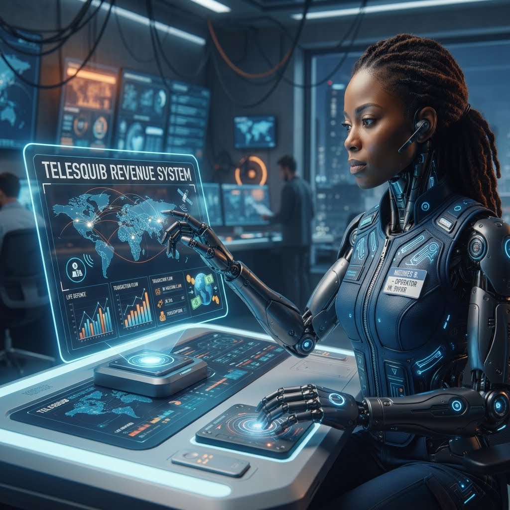 Reva, TELESQUIB’s human robot, operating a connected revenue system dashboard.